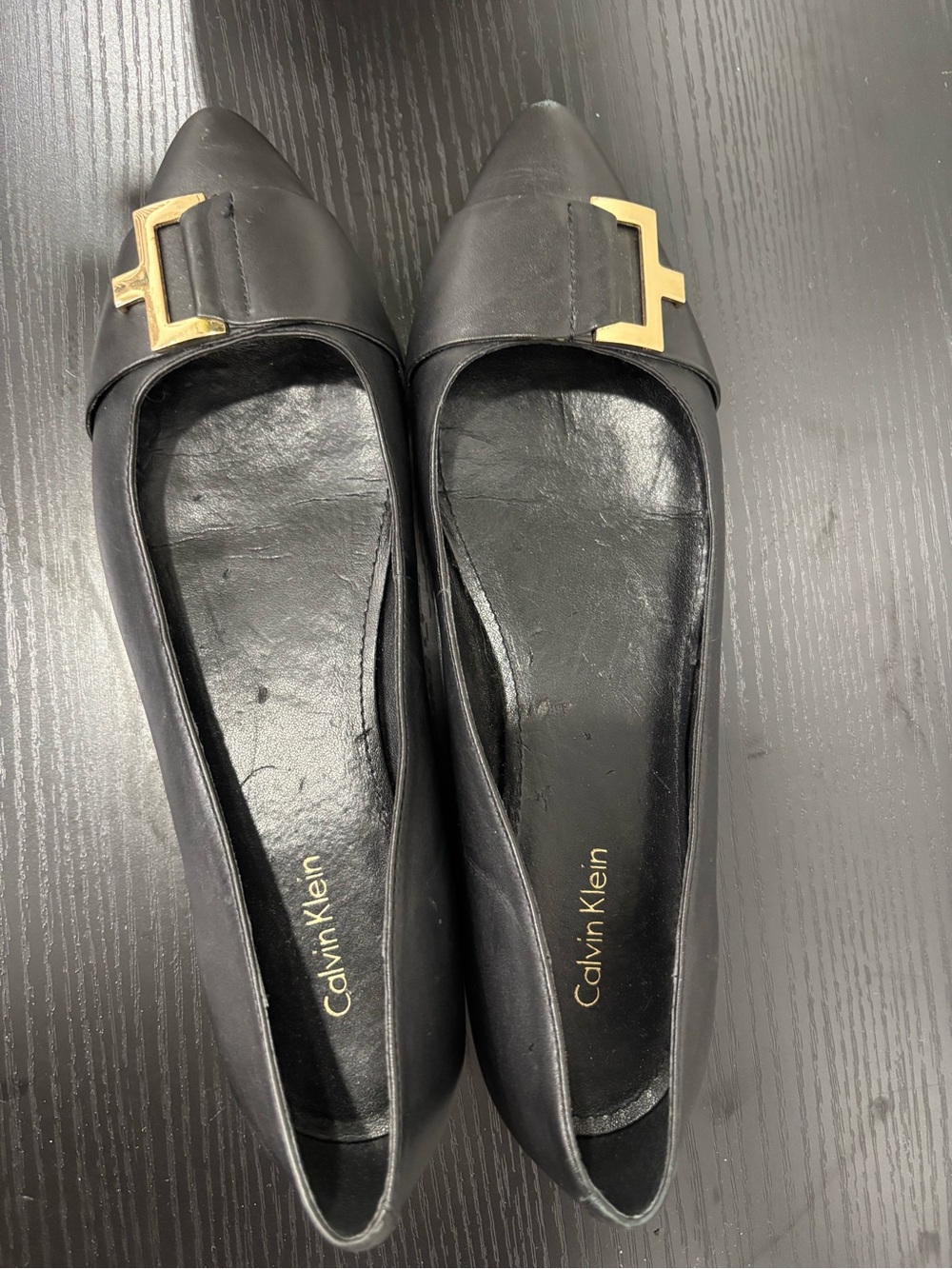 Calvin Klein Black Pointed Leather Flats with Gold Buckle